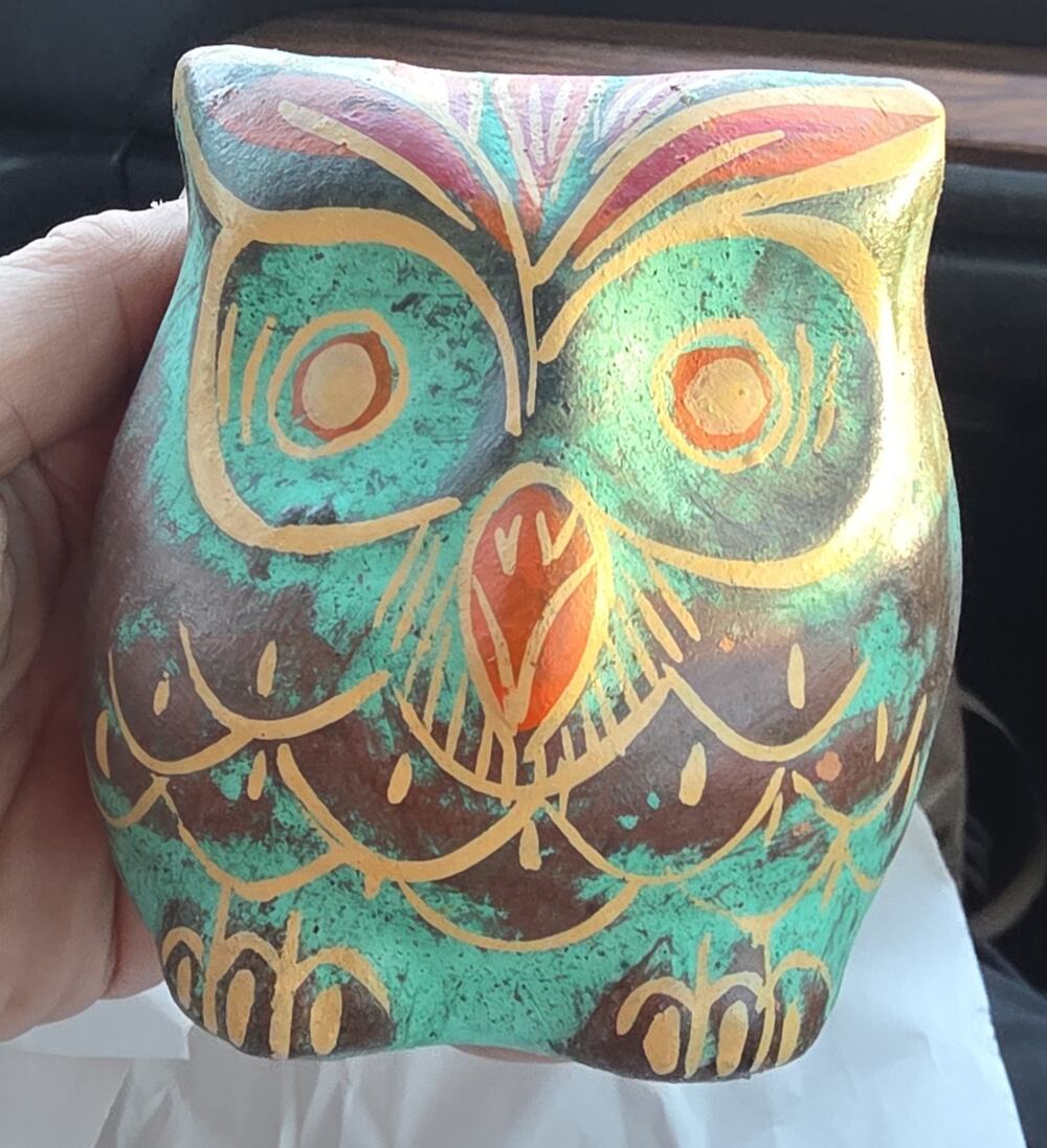 Vintage Mexican Pottery Owl Figurine Hand Painted Folk Art Hecho En Mexico